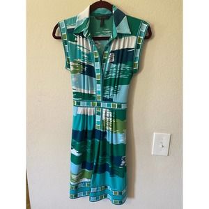 BCBGMaxazria Fit & Flare Blue/Green Print Dress